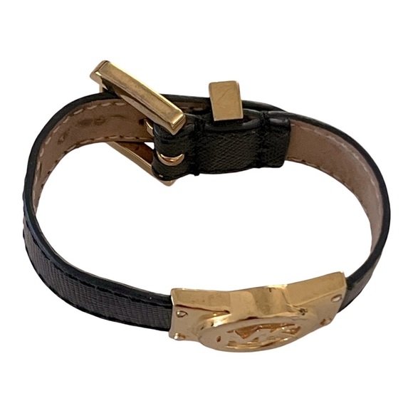 MICHAEL KORS • Black Leather Gold Logo Adjustable Bracelet - Picture 4 of 12